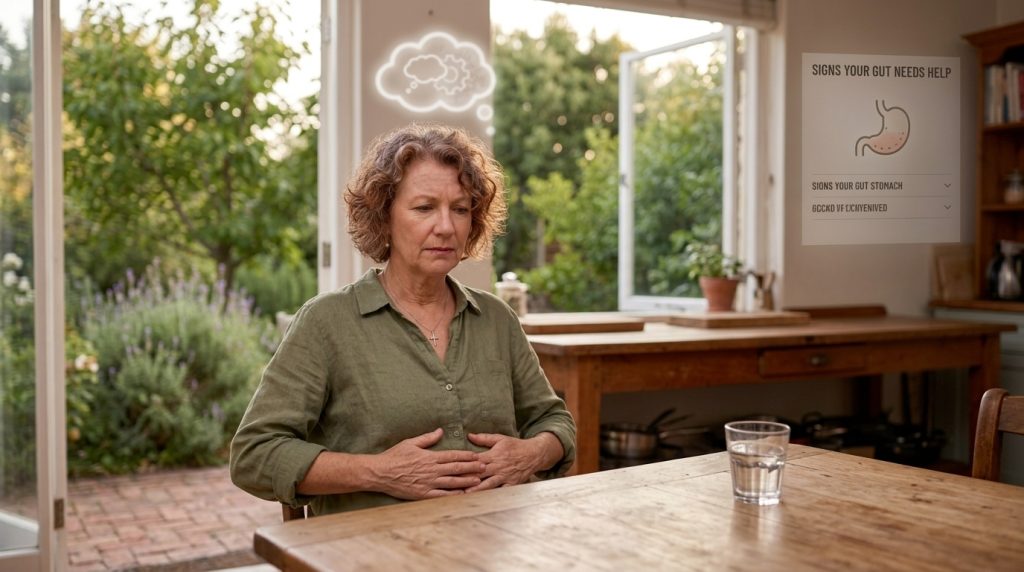A mature woman pressuring her slightly swollen midsection with a frown and small brain fog icon, illustrating common signs that gut health needs support in women over 50.