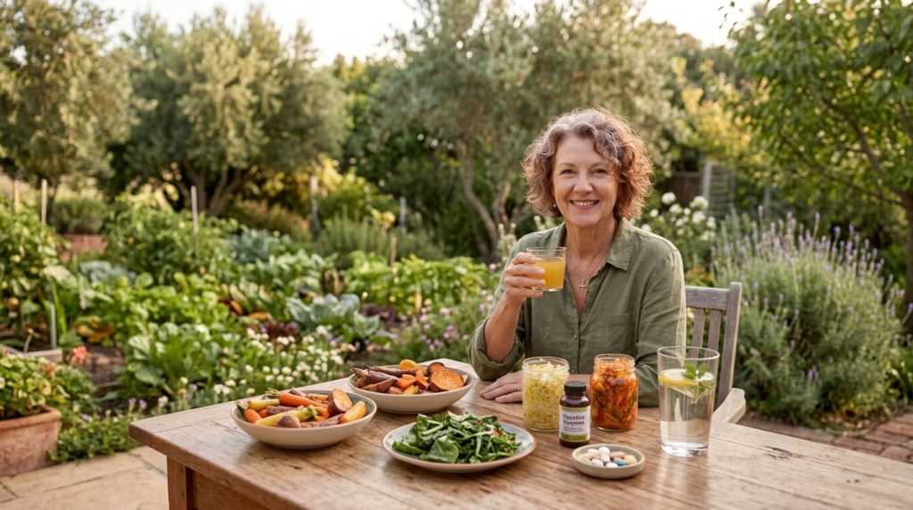 A mature woman with curly gray hair smiles, holding bone broth, seated on a patio with jars of fermented sauerkraut and colorful cooked vegetables, illustrating natural gut support after 50.